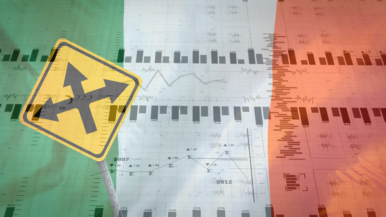Animazione di elaborazione dati finanziari su un segnale stradale e la bandiera della Costa d'Avorio.