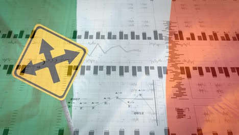 animation of financial data processing over road sign and flag of ivory coast