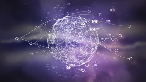 animación de la red de conexiones y globo con procesamiento de datos sobre el cielo con nubes