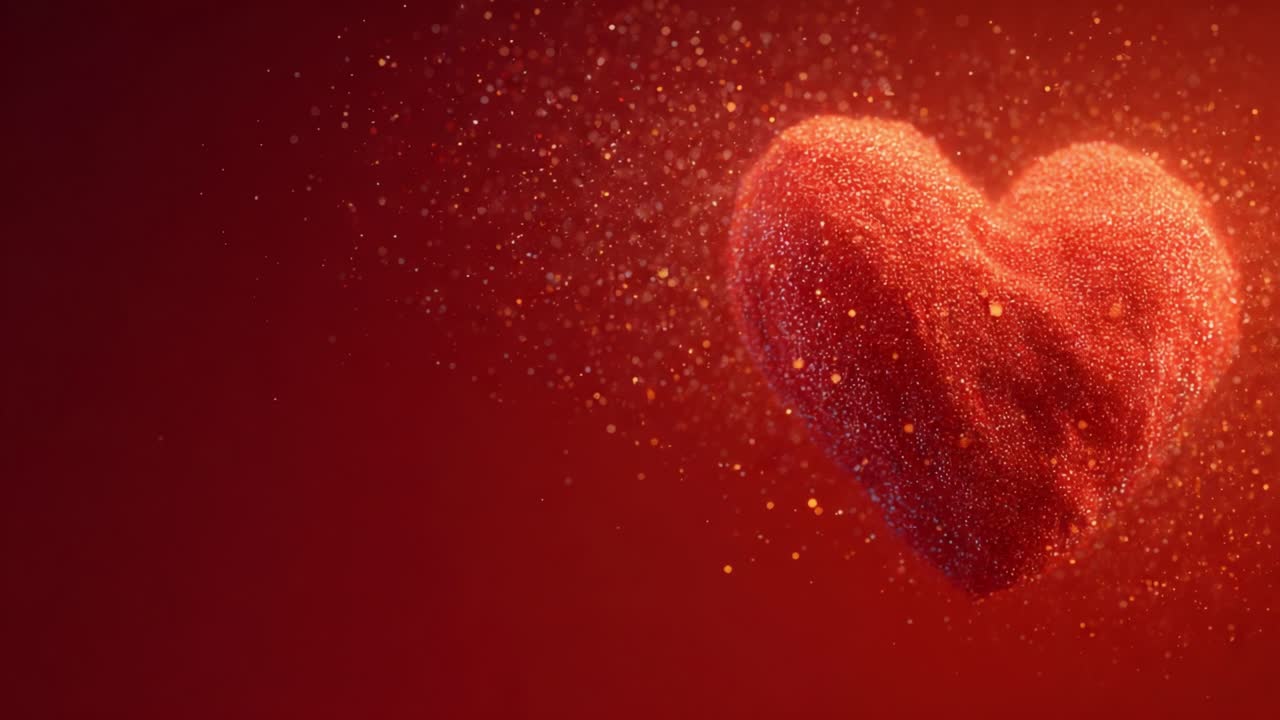 A Beautiful Heart Formed from Sparkling Particles on a Vibrant Red Background, Symbolizing Love and Emotion with a Mesmerizing Display of Light and Color
