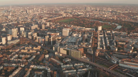 aerial shot over paddington station west london at sunset