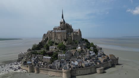 Mont-St-Michael-Tidal-island-Normandy-France-tide-out-drone,aerial