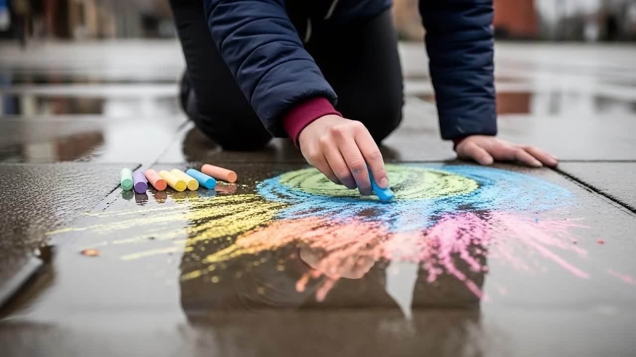 A Young Artist Creating Vibrant Sidewalk Chalk Art on a Rainy Day, Showcasing Colorful Patterns and Imagination while Kneeling on Wet Pavement