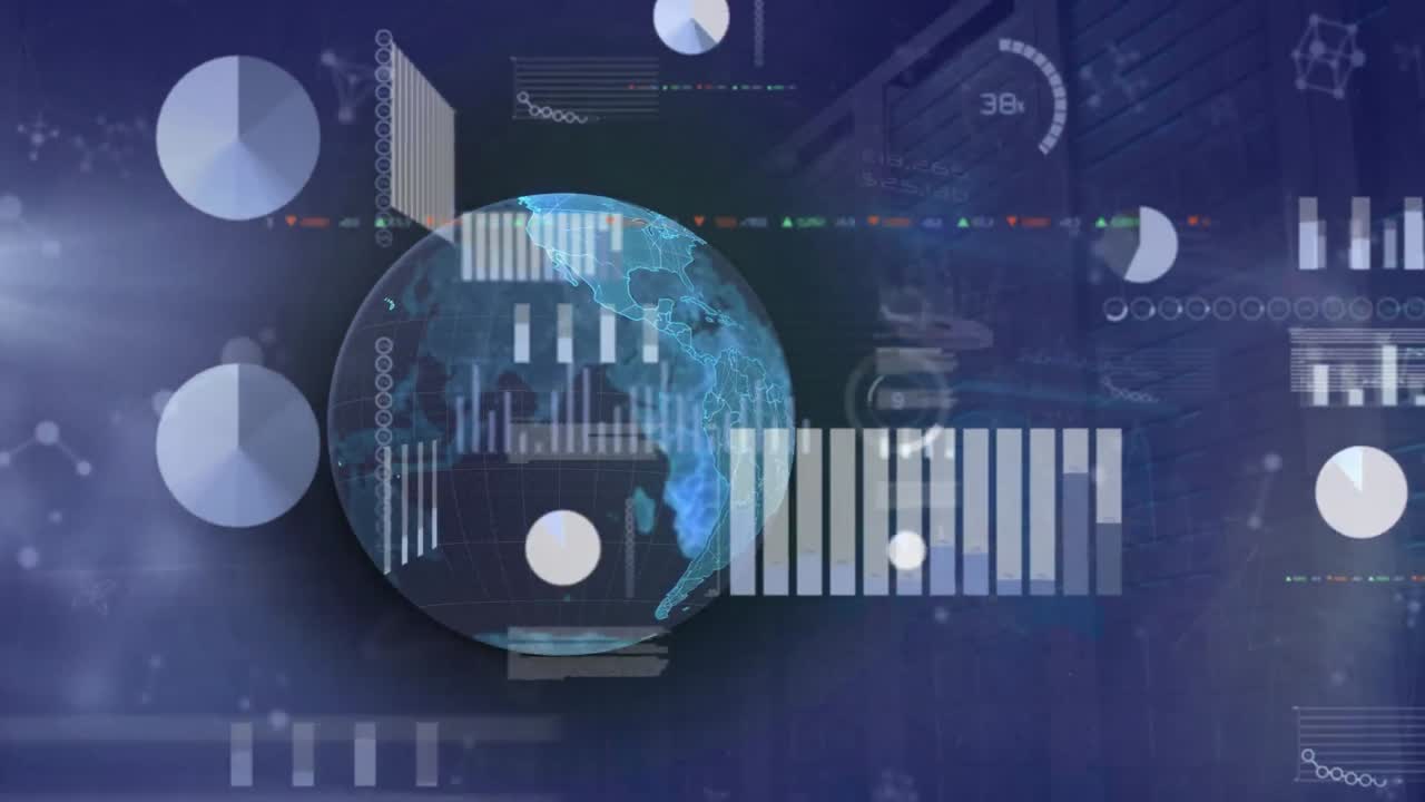 Animation of screens with data processing over molecular structures floating against spinning globe