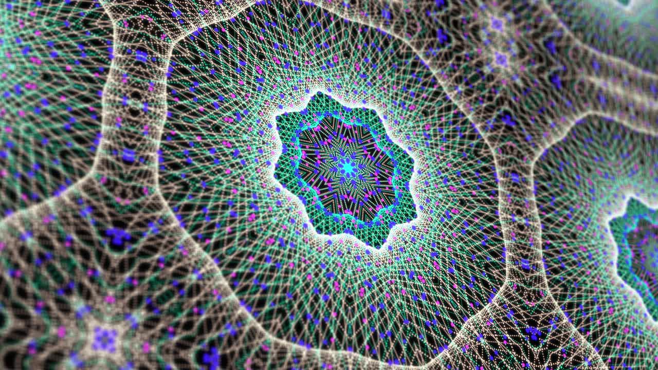 fondo caleidoscópico para yoga, meditación, fitness, clubes, etc. animación en bucle sin costuras abstracta del fractal de mandala digital. concepto de gráficos de movimiento de cuadrícula de partículas florales multicolores 4k