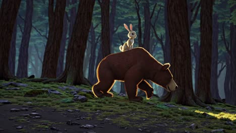 animated video scene with a low-angle view of a bear and rabbit in a forest