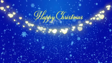 happy christmas text animation over heart-shaped lights and falling snowflakes on blue background