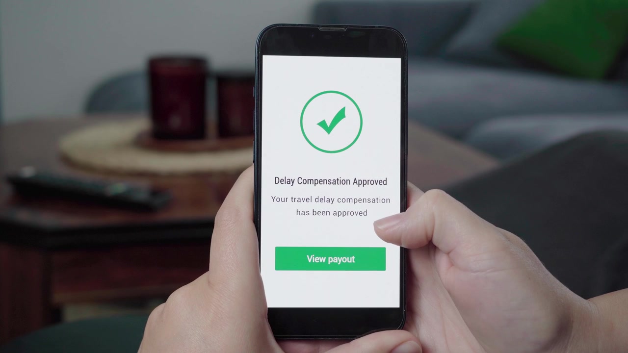 Una persona utilizza un'app di assicurazione viaggio che conferma l'approvazione del risarcimento per il ritardo con una spunta verde e un pulsante di pagamento.