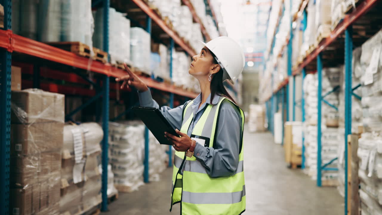 A worker in a warehouse inspecting inventory