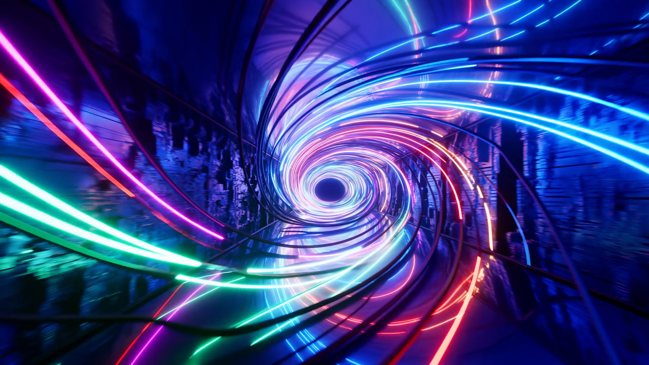 Neon Spiral Tunnel Swirling With Light, Digital Data Streams Racing Through Cyberpunk Corridor, Vibrant