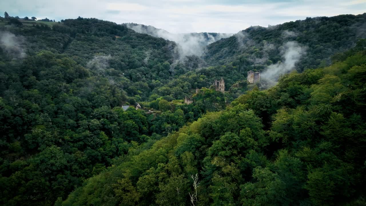 aerial view over a forest in a misty valley and discovery of an abandoned medieval castle