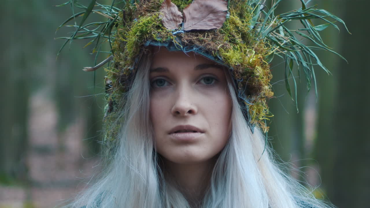 hermosa chica del bosque con corona de césped natural mira hacia la cámara