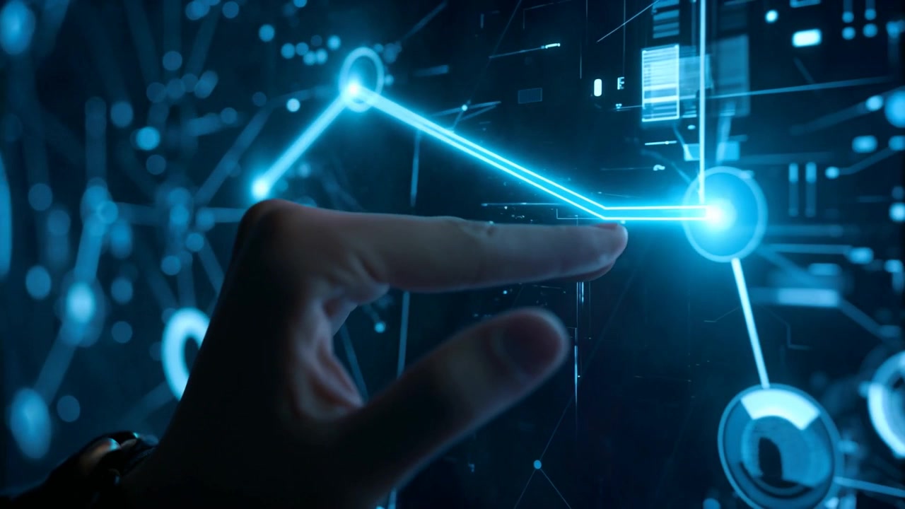 Moving user hand with metal bracelet, pinching screen in dim control room, lighting blue node path
