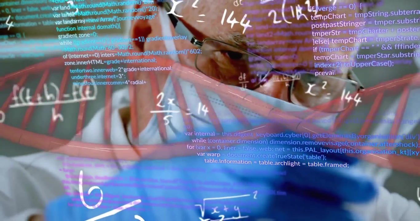 Animation of dna strand and data processing over caucasian male scientist