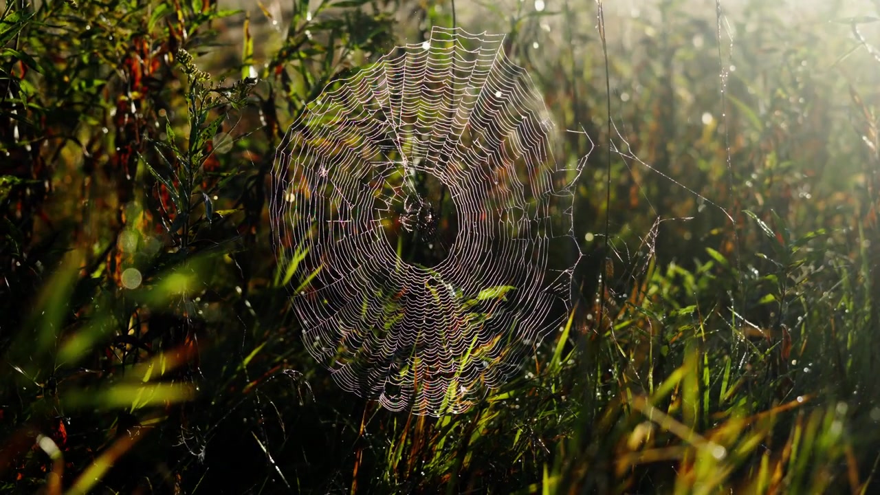 Ragnatela di ragno tessitore illuminata dal sole nell'erba alta, con una delicata spirale di seta, calda luce mattutina, piante verdi e un dettaglio macro dorato della natura all'aperto.
