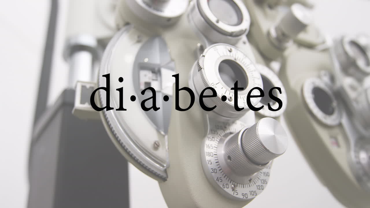 Animazione del testo "diabete" su quadranti di attrezzature mediche su sfondo bianco