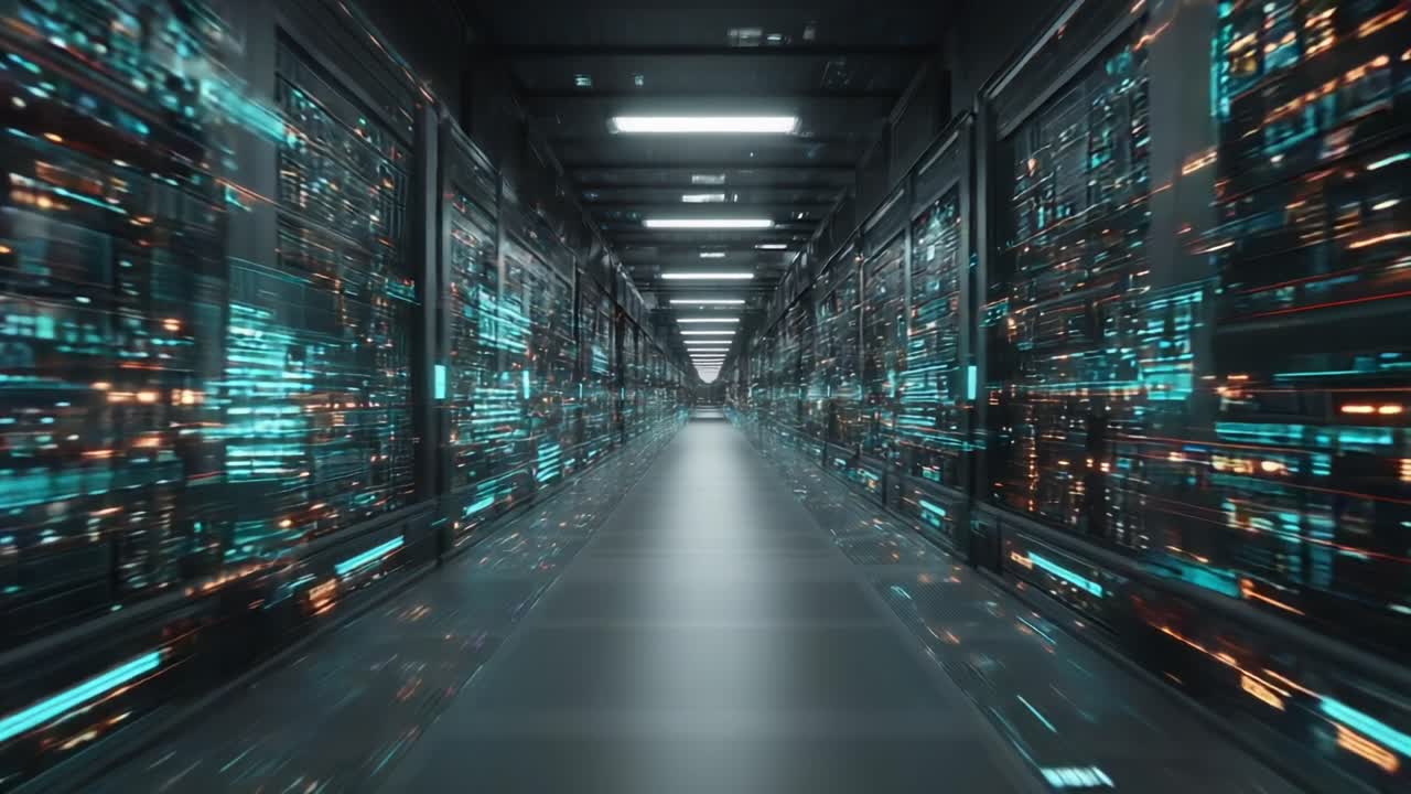 A Futuristic Data Center Corridor Featuring High-Tech Servers and Dynamic Visualizations, Capturing the Essence of Modern Computing Infrastructure and Digital Processing