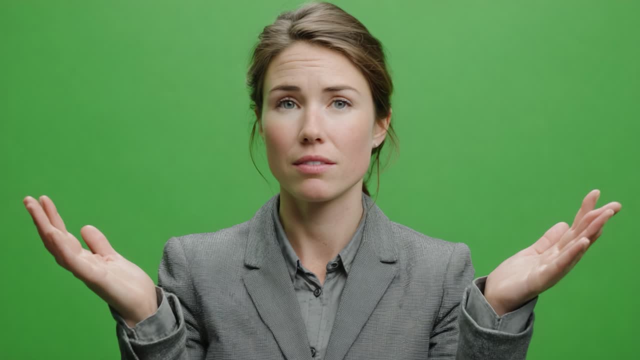 A woman in a professional suit stands against a vibrant green background, displaying a puzzled expression with her arms raised in a questioning gesture of uncertainty