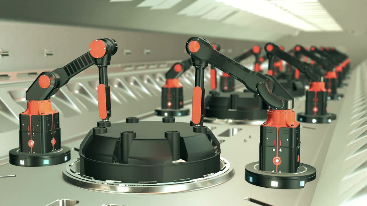 Industry artificial intelligence robots in an modern automated industry 4.0. 3D animation video loop.