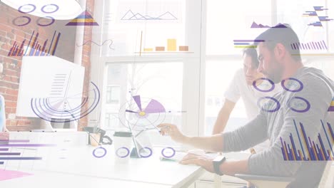 animation of financial data processing over diverse business people in office