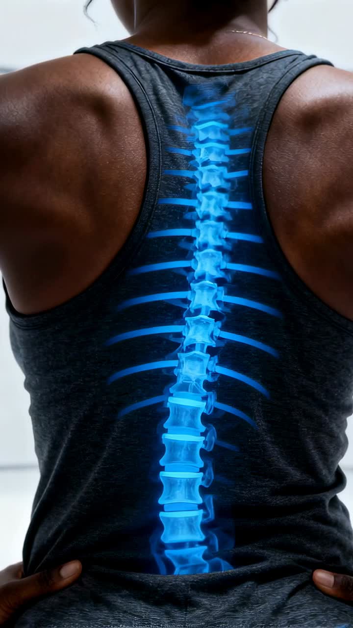 Mostrando a una mujer vistiendo un top sin mangas de espalda nadador gris oscuro, cadena, con las manos en las caderas en un estudio con una columna vertebral de rayos X azul.