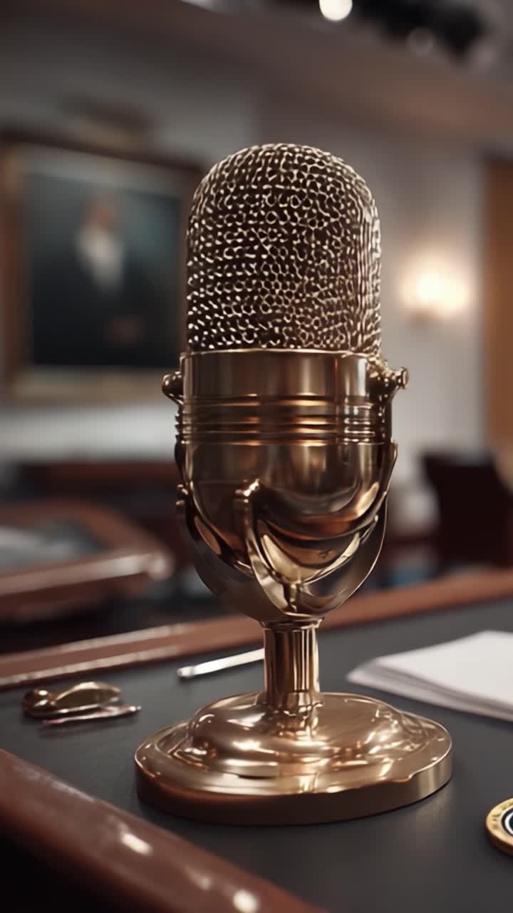 Una vista ravvicinata di un elegante microfono vintage su una scrivania, circondato da materiali d'ufficio, che emana un'atmosfera di eleganza classica e professionalità.