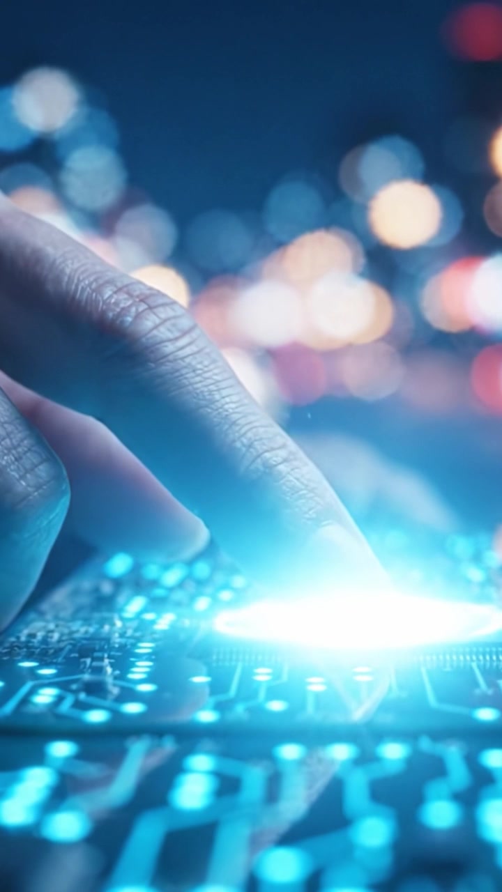 Esplorando la Connessione tra Tecnologia e Interazione Umana: Un Primo Piano su una Mano che Aziona un Circuito Stampato di Notte, in Mezzo a un Vivace Paesaggio Urbano di Luci Bokeh