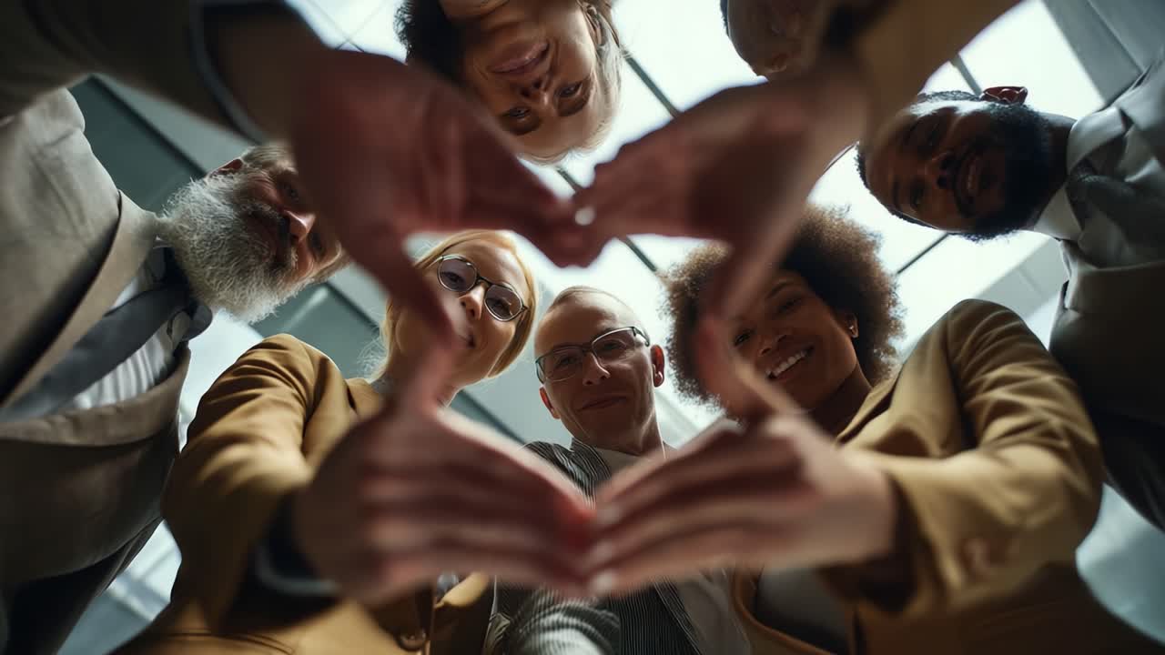 A Diverse Group of Professionals Forming a Heart Symbol with Their Hands, Showcasing Unity, Friendship, and Collaboration in a Modern Business Environment