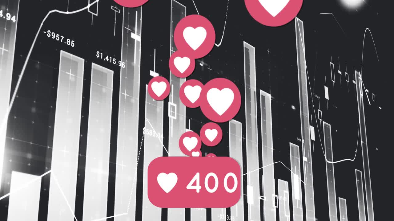 animación de gráficos y reacción de las redes sociales sobre un fondo negro