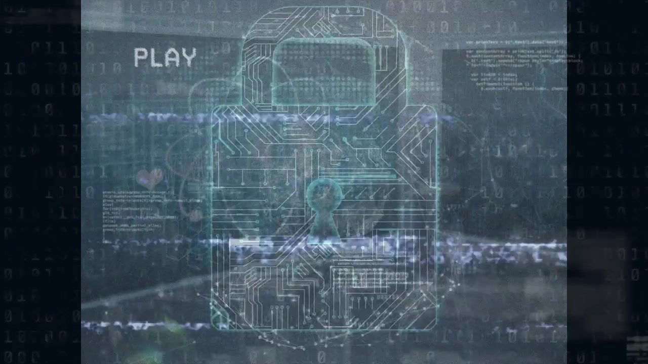 Animation of icons and data processing over server room