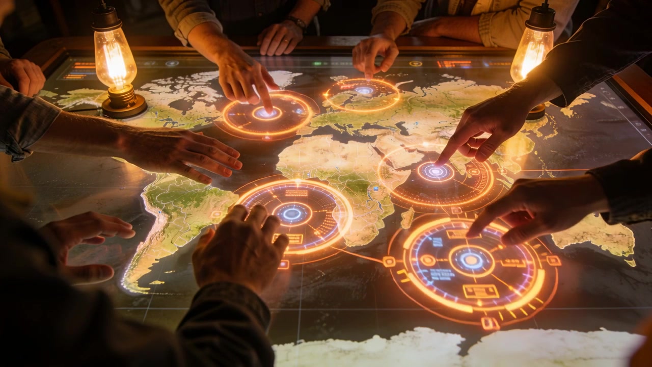Mani con le maniche arrotolate che attivano anelli HUD arancioni su un tavolo con mappa del mondo, durante la pianificazione.