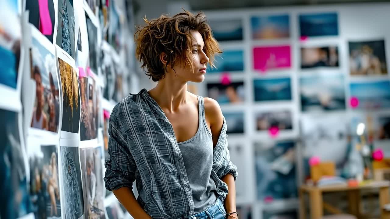 una mujer de pie frente a una pared de imágenes