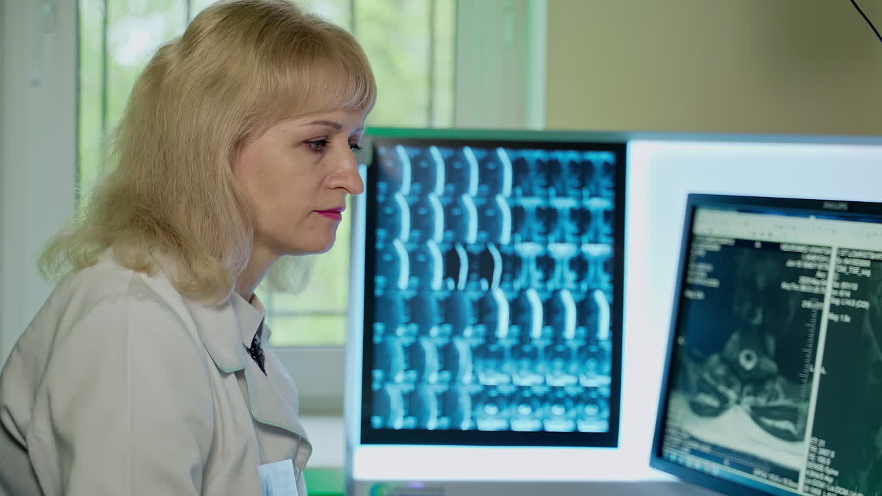 Doctor analyzing x-ray. Female doctor at work in medical clinic and examining x-ray