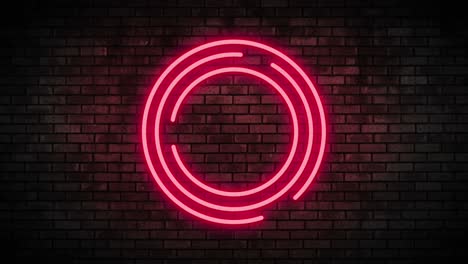 luz de marco de círculo de neón en la pared de ladrillo. bar de club nocturno señal de neón parpadeante. animación de movimiento