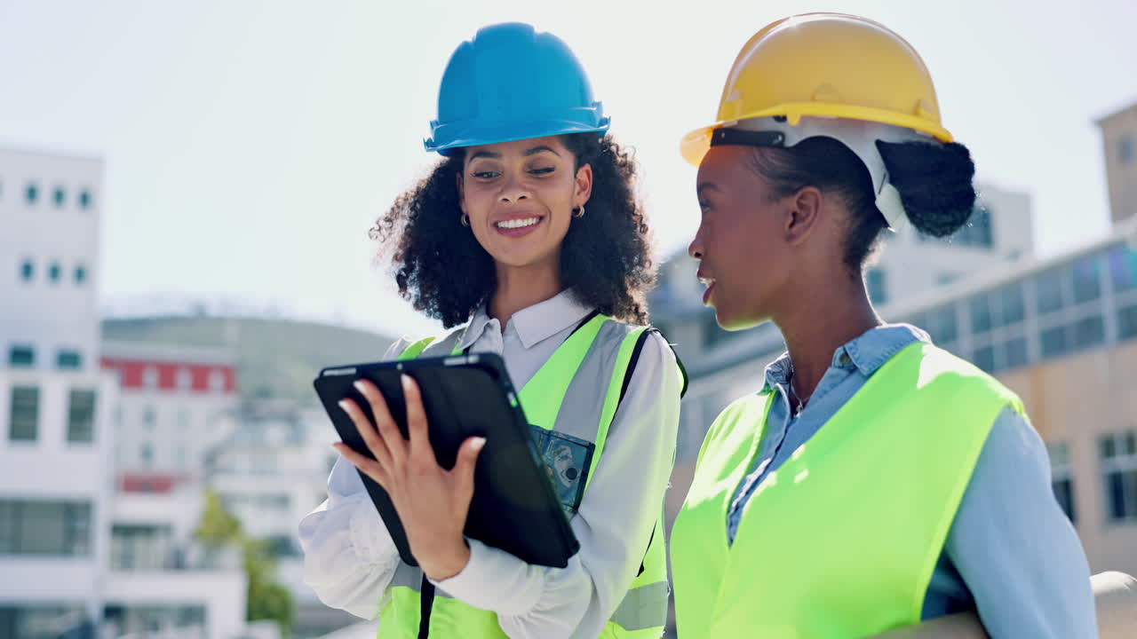 Tablet, construction site and engineering women