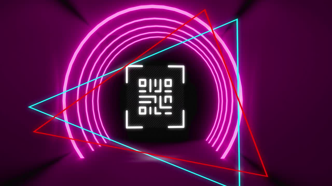 Animation of glowing qr code over neon shapes on purple background