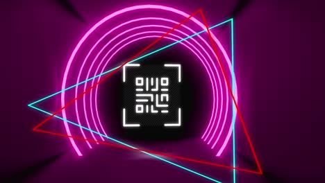 animación de un código qr brillante sobre formas de neón sobre un fondo púrpura