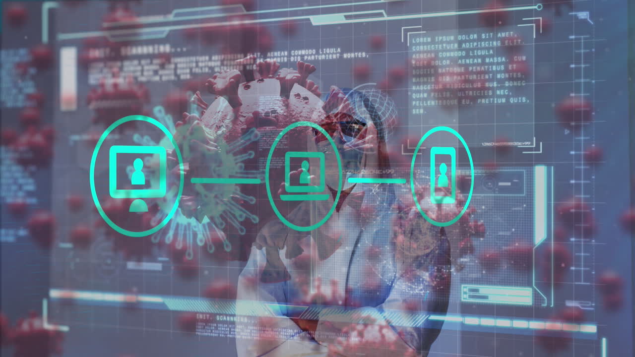 animación de iconos, células de covid-19 y datos sobre un médico caucásico en traje de ppe