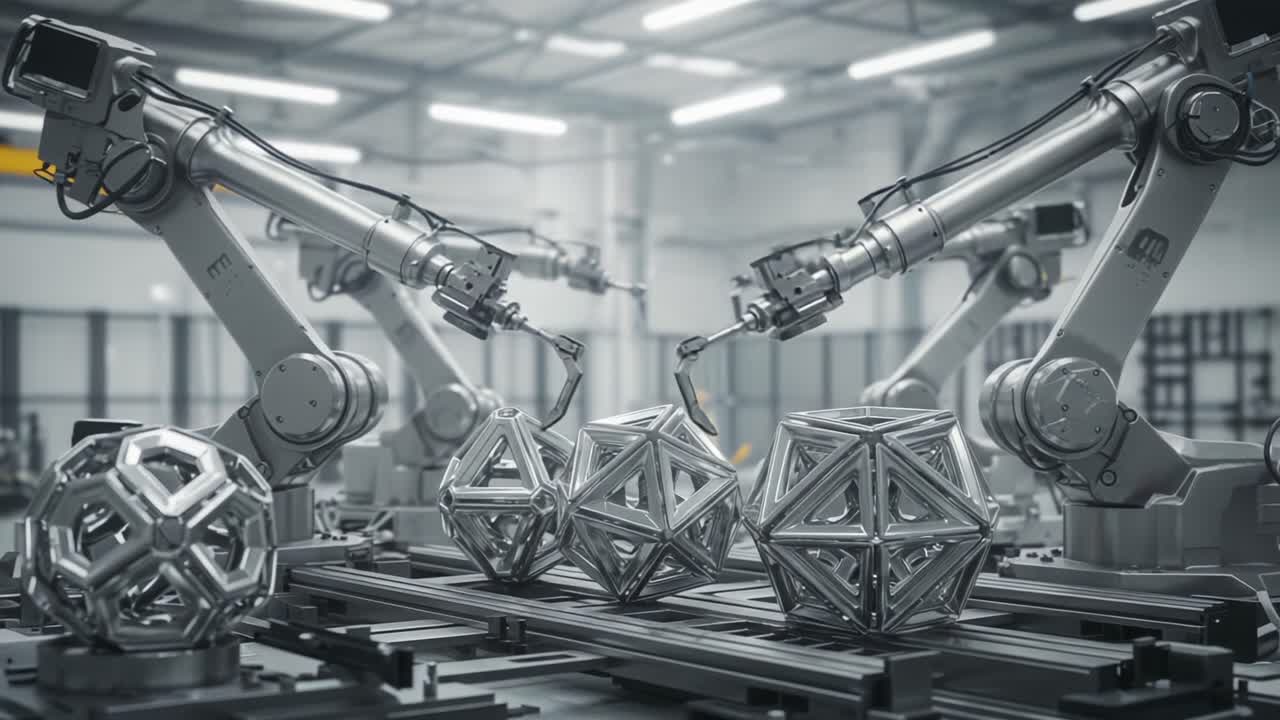 Advanced Robotic Arms Assembling Geometric Shapes in a High-Tech Manufacturing Environment, Showcasing Precision and Automation in Modern Industry