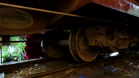 train wheels moving along tracks in hanoi, vietnam