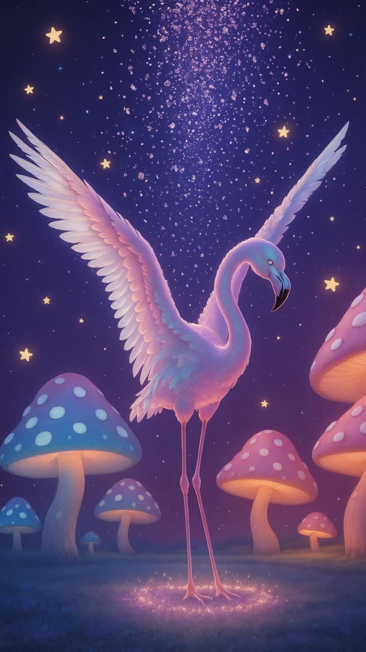 A whimsical video scene of a glowing flamingo with wings spread, surrounded by magical mushrooms