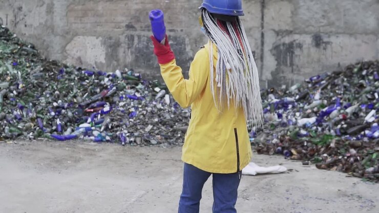 Woman in hard hat standing against the pile of broken glass, used bottles next to the wall. Girl in yellow jacket crashing old glass bottles for further recycling. Rare view