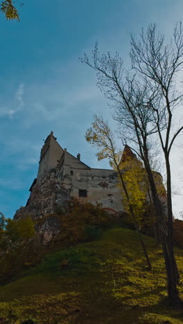 green hill with bran castle on top. beautiful medieval castle at backdrop of lovely autumn nature. low angle view. vertical video