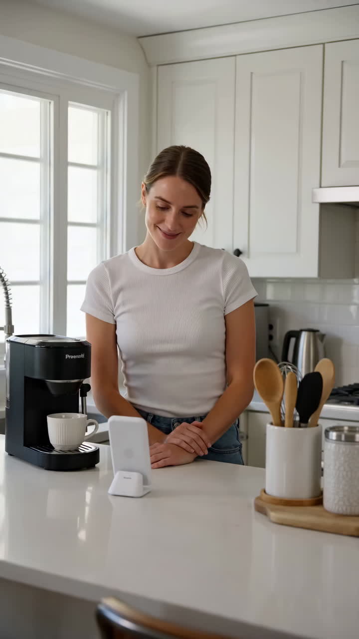 Donna in cucina luminosa usa un dispositivo sul piano di lavoro accanto alla macchina del caffè durante una rilassante routine mattutina