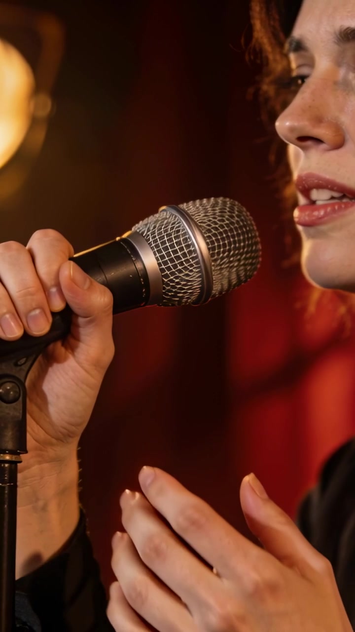 Video verticale: Cantante con top scuro che tiene un microfono su un'asta, canta e gesticola sotto una lampada, con una tenda rossa