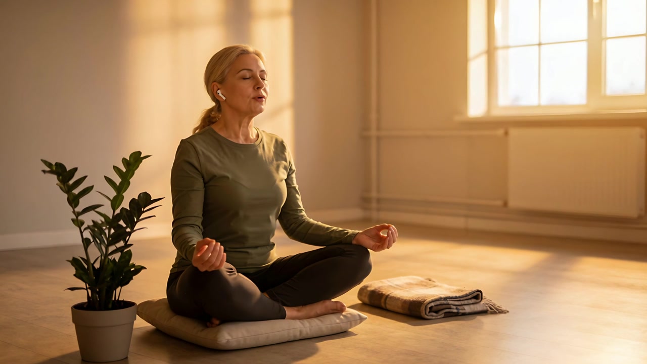 Donna che respira e medita su un cuscino a casa, la luce del sole che induce respiri lenti, con un top verde oliva e auricolari.