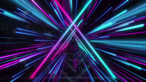 animation of blue neon light trails and triangles over black background