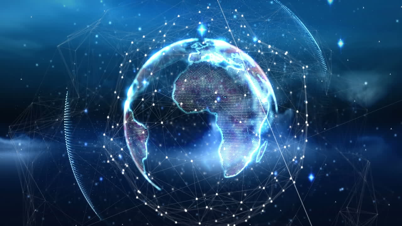 파란색 배경에 대한 회전하는 지구 위의 연결 네트워크와 빛의 흔적의 애니메이션