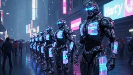 futuristic robots displaying advanced technology in a neon-drenched cityscape during a rainy night, showcasing their illuminated features and reflective surfaces