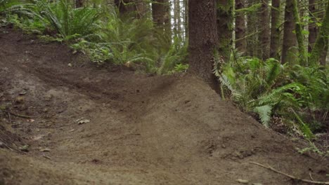 Mountainbiker-coming-down-singletrack-hits-banked-turn-splashing-up-dirt,-slowmo